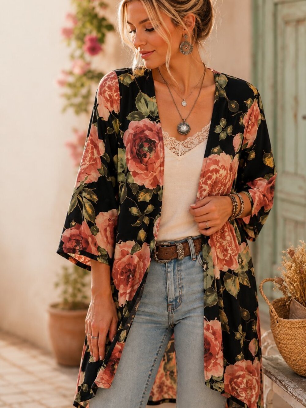 Honeyme Floral Open Front Kimono Cardigan Blush Black Boho Duster Small